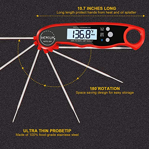 HENSUN Waterproof Digital Instant Read Meat Food Thermometer with Folding Probe-BBQ Or Grilling, with Magnetic | Backlight & Calibration | Quick, Smart Cooking Red, Milk,Oven Roasts, 1 Candy - Thumbnail 3