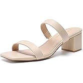 Athlefit Women's Two Strap Open Toe Heels Sandals Chunky Block Comfortable Slip On Low Heel Dress Shoes