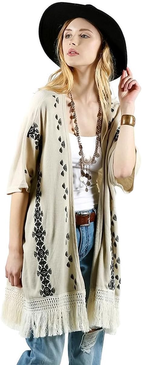 Kori America Women's Boho Chic Embroidered Fringe Cardigan
