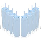 Volhoply 16oz Plastic Skinny Tumbler with Lid and Straw Bulk 8 Pack,Insulated Double Wall BPA Free Matte Acrylic Tumblers,Iced Coffee Travel Mug Reusable Party Cup,Customizable Diy Gifts(Blue,8 Set)