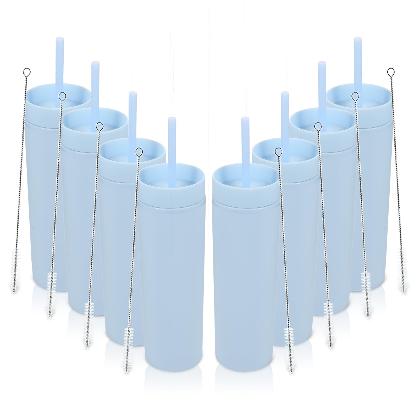 Volhoply 16oz Tumbler with Lid and Straw 8 Pack,Double Wall Plastic Skinny Tumblers Bulk,480ML Reusable Cute Coffee Mug,BPA Free Matte Acrylic Water Cups with Straw for Parties,DIY Gifts(Blue,8 Set