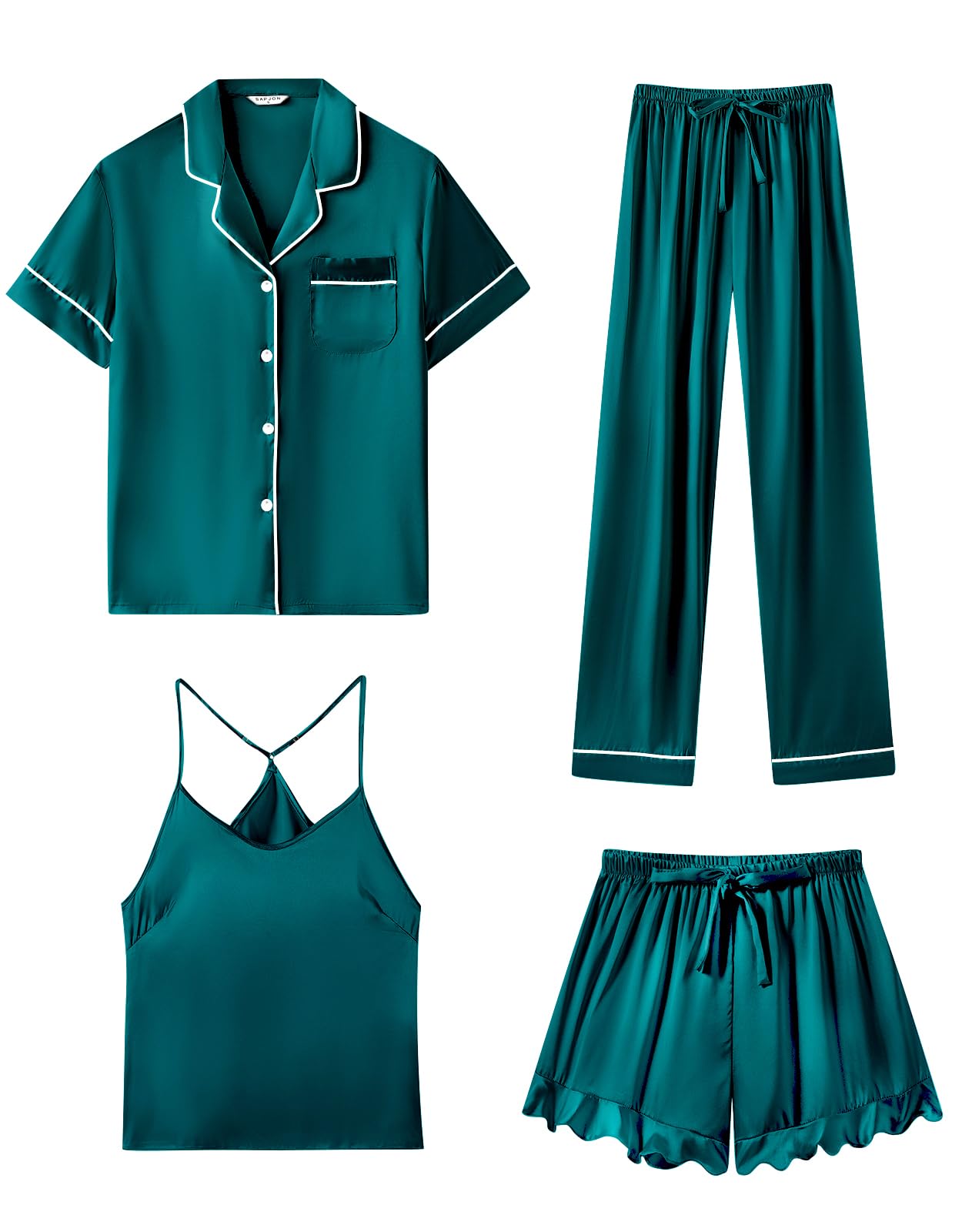 SAPJON Silk Pajamas for Women Set 4Pcs Ruffled Satin Pajamas Set Button Down Short Sleeve Cami Shorts Sleepwear Pj Set Green Image