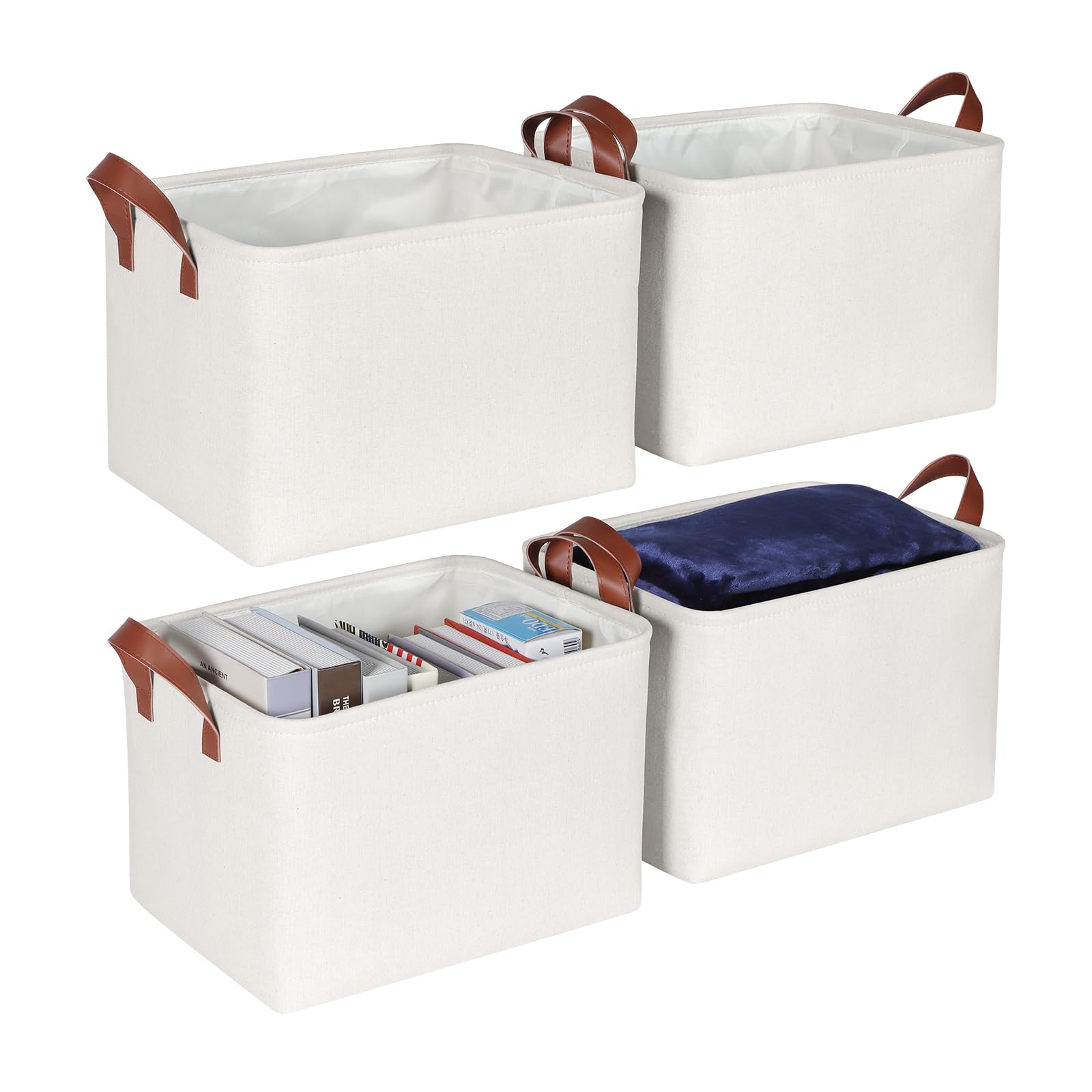 Syeeiex Storage Baskets for Shelves 4 Pack, Fabric Storage Boxes with Leather Long Handles, Foldable Storage Basket for Toys, Clothes, Organizing Home and Office - White