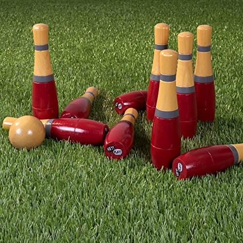 Wooden Lawn Bowling Set with Ten 8-Inch Pins and 2 Balls - Includes Bonus Carrying Bag! (RED)