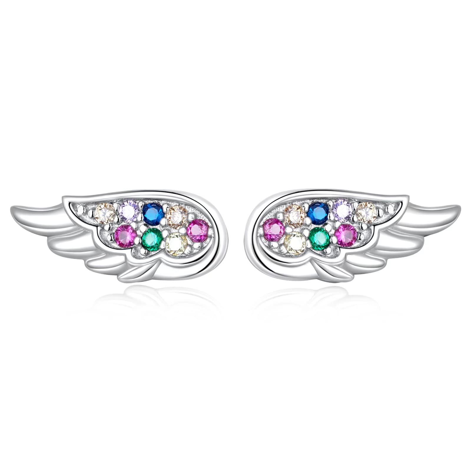 Qings Angel Wings Stud Earrings Colorful Dainty Tiny 925 Sterling Silver Sparkling Guard Wing Screw Back Jewelry Gifts for Women and Girls