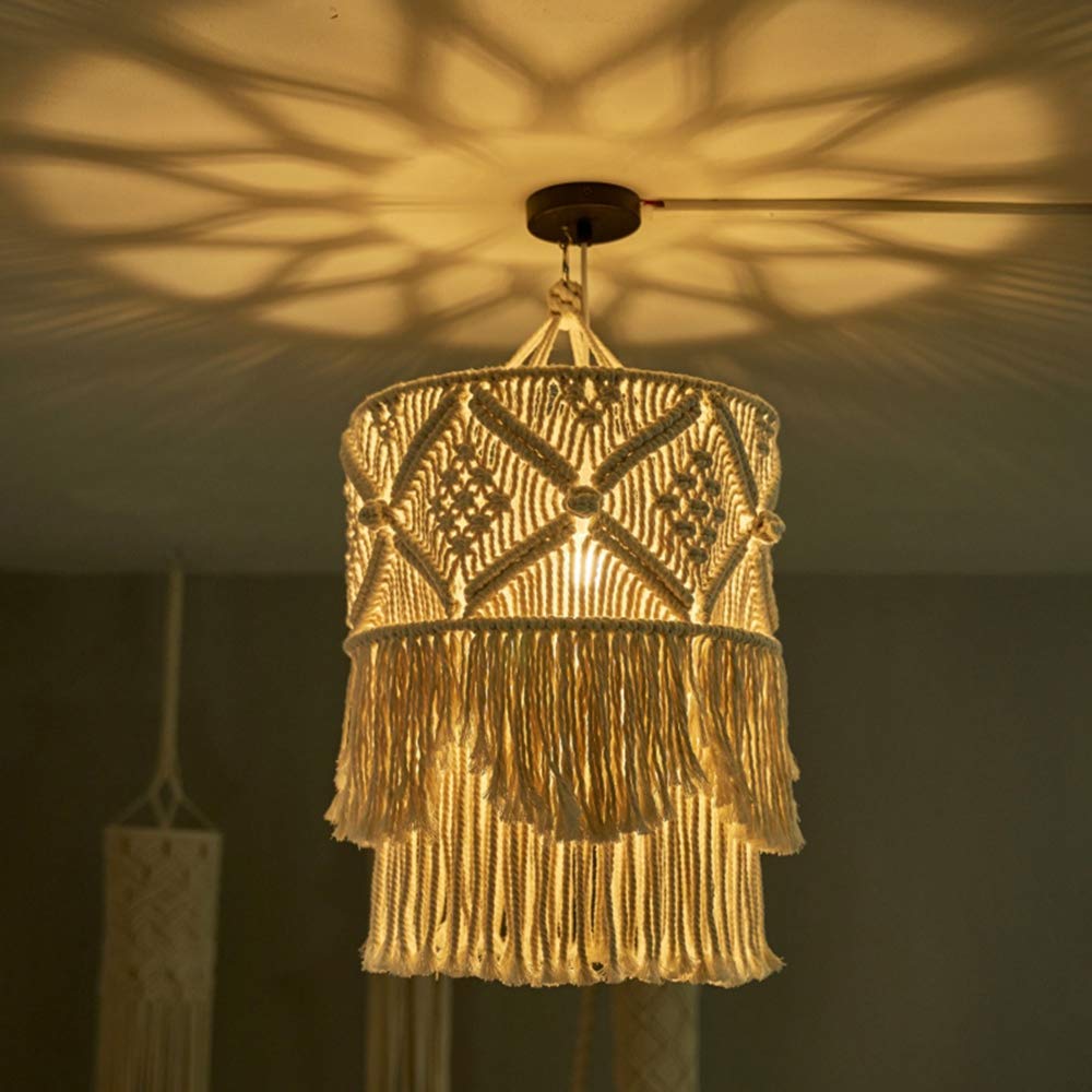Smallterm Boho Lamp Shades Macrame Light Shade Handmade Wall Tapestry Lampshade Macrame Boho Decor Handcraft Tapestry Background Headboard Wall Hanging for Ceiling Pendant Light Fitting kit, Beige