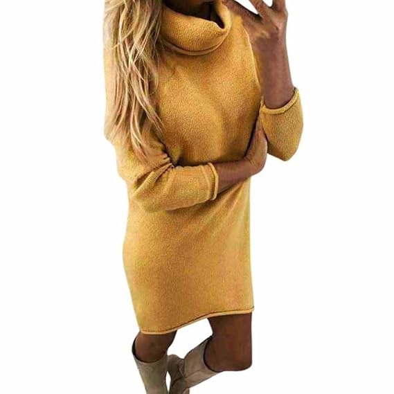 Pulli Kleid Damen, Winter Mode Frauen Fester Rollkragen Strickjacken Langes Beiläufiges Langes Hülsen Pullover Kleid Sunday