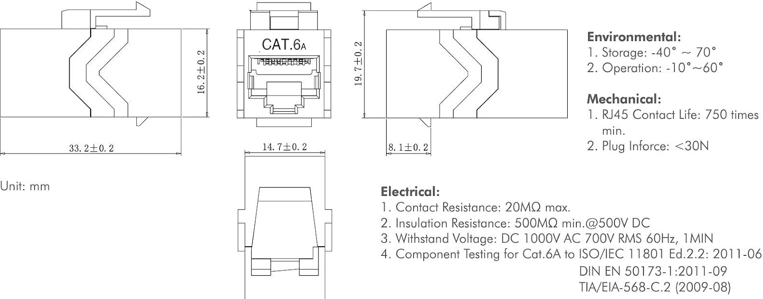 odedo 2x Keystone CAT 6A RJ 45 LAN Coupling Network Connector 2x RJ45 Socket STP 14.6 mm, silver, 2 Pieces - Image 5