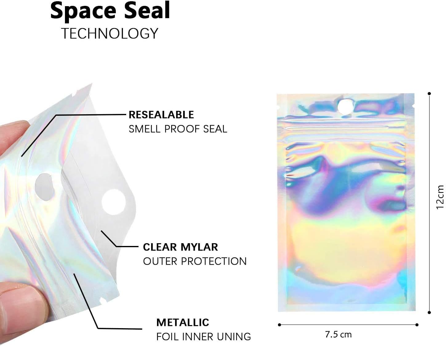 xutong 100 Pieces Mylar Ziplock Bags, Resealable Smell Proof Bags Foil Pouch Bag Flat Ziplock Bag for Party Favor Food Storage- Holographic Color 7.5 x 12 cm - Image 3
