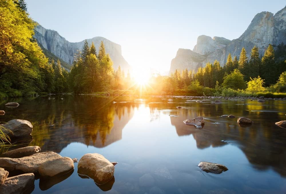 Renaiss 7x5ft Lake River Mountain Photography Background Yosemite Valley Nature Landscape Backdrop Forest Park Sunrise Scenery Travel Kid Adult Portrait Shooting Photo Studio Props