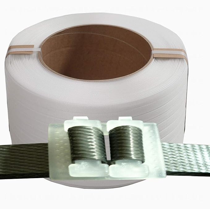 PP-Umreifungsset.12 mm. Umreifungsband 1000 lfm, 300 Kunststoffklemmen für Handumreifung.