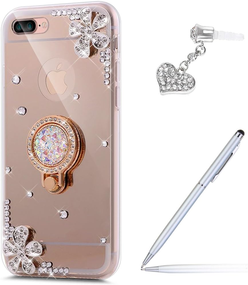 iPhone 8 Plus Case,iPhone 7 Plus Case, Inlaid Diamond Flowers Rhinestone Diamond Glitter Bling Mirror Back TPU Case with Ring Stand Holder +Touch Pen Dust Plug for iPhone 8 Plus / 7 Plus,Gold