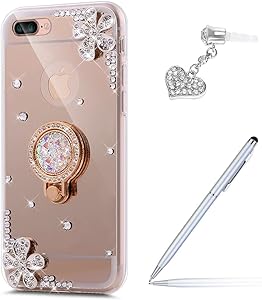 iPhone 8 Plus Case,iPhone 7 Plus Case, Inlaid Diamond Flowers Rhinestone Diamond Glitter Bling Mirror Back TPU Case with Ring Stand Holder +Touch Pen Dust Plug for iPhone 8 Plus / 7 Plus,Gold