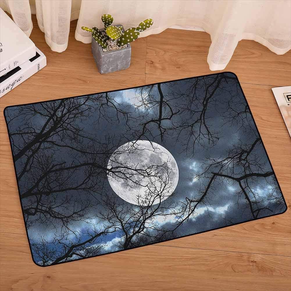 Forest Decorative Floor Mat Full Moon at Night in Forest Winter Time Mystical Dramatic Days Lunar Photo Bedroom Rugs Super Soft Indoor Modern for Baby Nursery Decor, W23 x L35 Blue Black Yellow