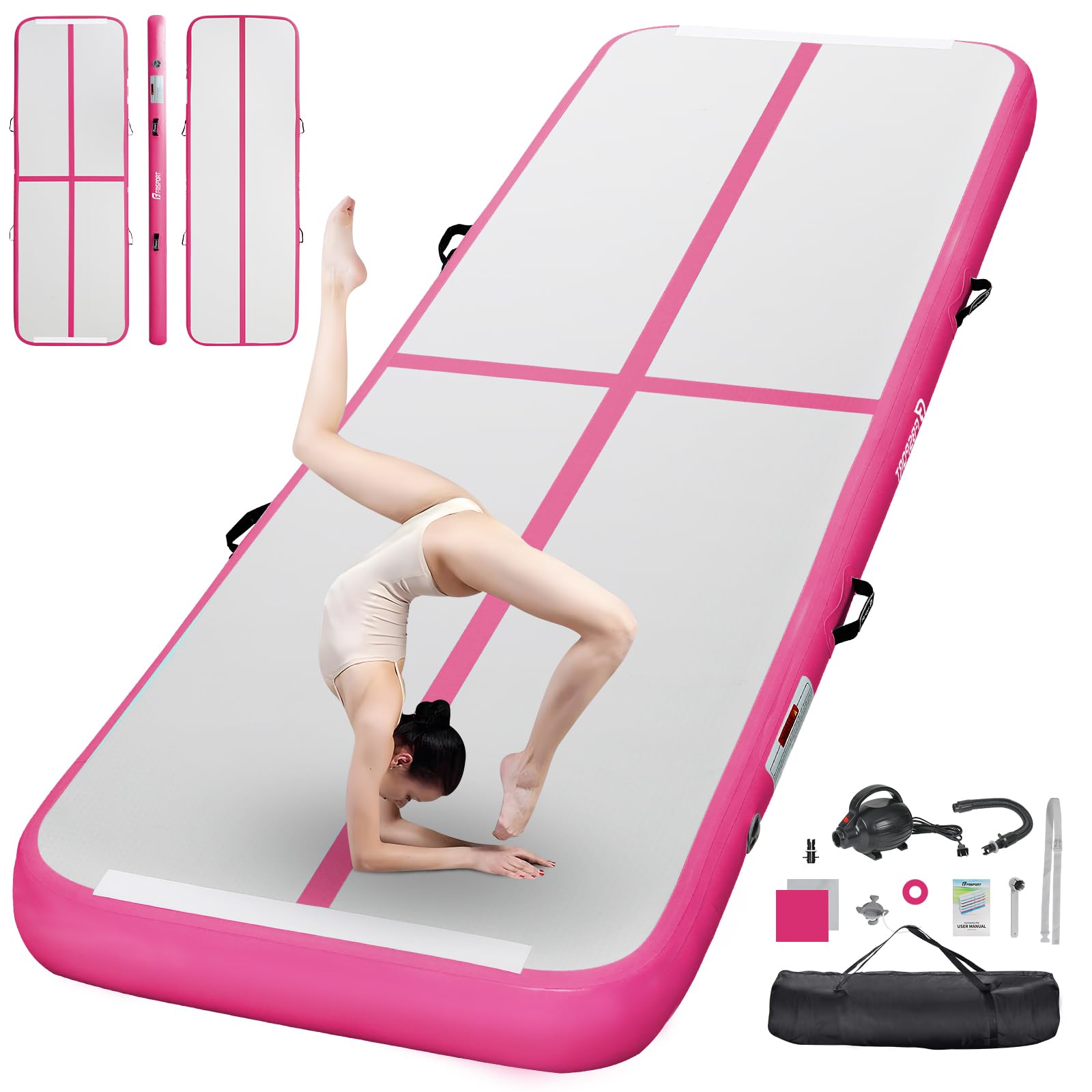 FBSPORT 16ft Inflatable Air Gymnastics Mat Training Mats 8 inches Thickness Gymnastics Tracks for Home Use/Training/Cheerleading/Yoga/Water with Pump Image