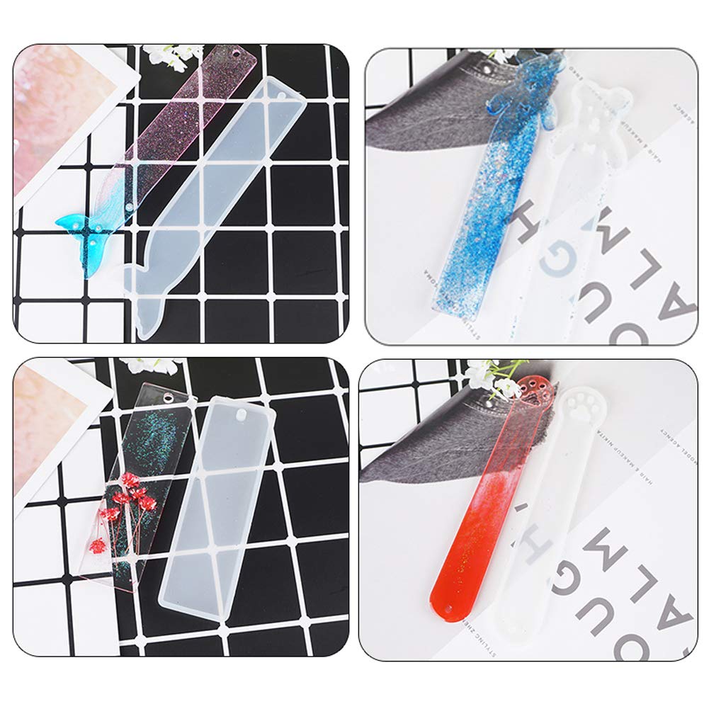 Jatidne 6pcs Resin Moulds Bookmark with Tassels Silicone Bookmark Moulds for Resin Crafting Rectangle, Cat Claw, Cute Bear, Mermaid Tail