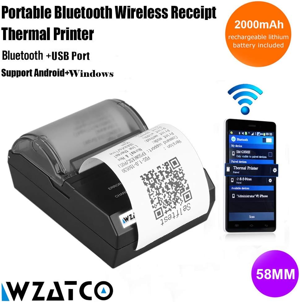 WZATCO 58mm Bluetooth 4.0 Wireless Thermal Receipt Printer POS Compatible with ESC/POS Print Commands with Rechargeable Battery
