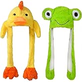 YC JILAI 2 Pack Animal Hat Frog and Duck Plush Ears Moving Jumping Hat Unisex for Dress Up Halloween Christmas Cosplay Party