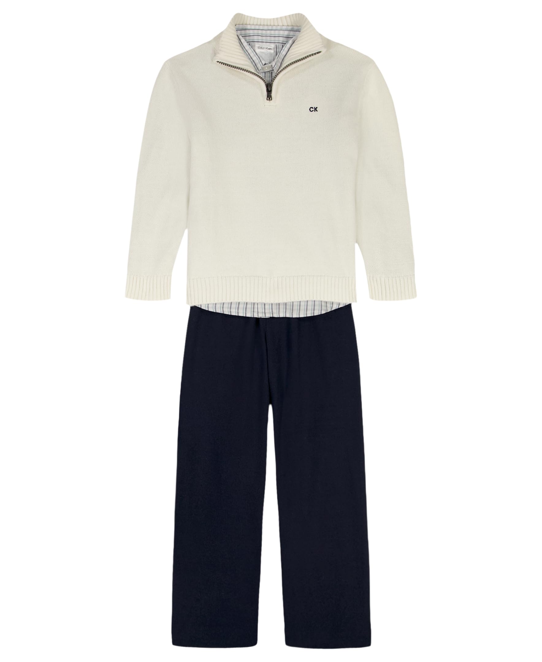 Calvin Klein Boys' 3-Piece Sweater Set with Matching Button-Down Shirt and Pants, Crisp Linen, 4 Image