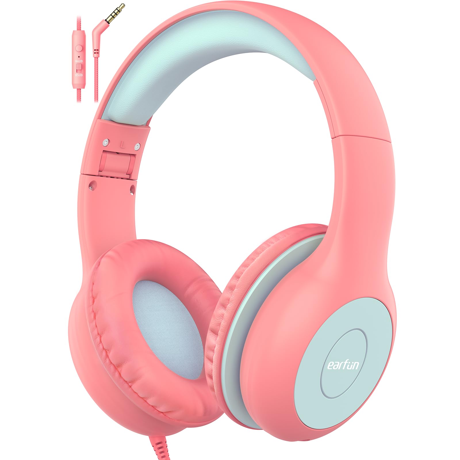 EarFun Kids Headphones, Foldable Headphones for kids, 85/94dB Volume Limiter, Sharing Function, Stereo Sound, Adjustable Headband, Wired Children Headphone with mic for School/Travel/Phone, Pink Blue — image 1