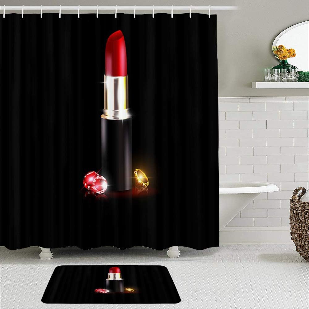 Fabric Shower Curtain and Mats Set,Girly Crystals and The