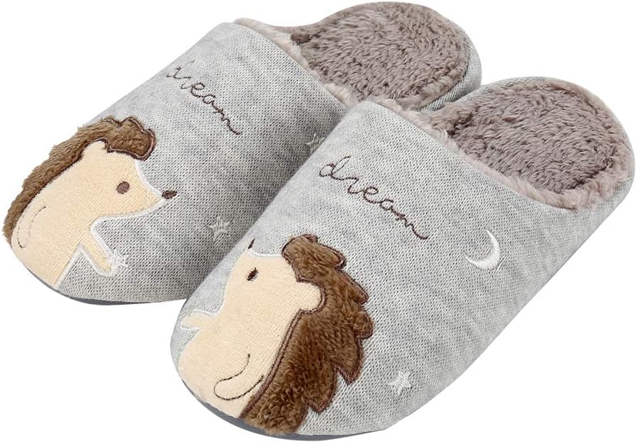 Women Cute Animal Warm Plush Lined House Slippers Soft Slip On Memory Foam Home Slippers for Kids Toddler Indoor Home Shoes, Light Grey, Women 6-7.5 / Men 5-6.5