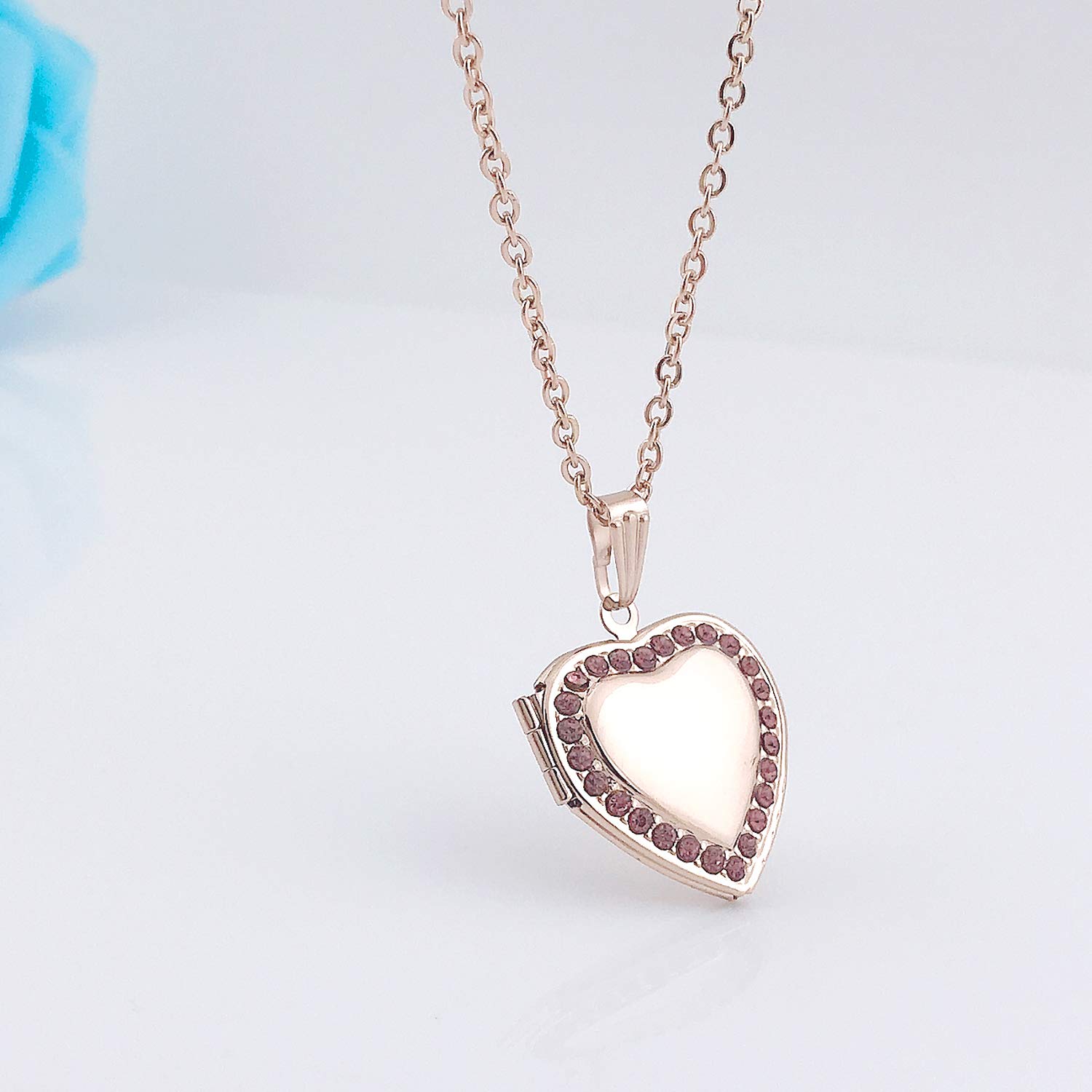 YOUFENG Love Heart Birthstones Locket Necklace Holds Pictures Paved Blue Red White CZ Rose Gold Living Memory Photo Lockets