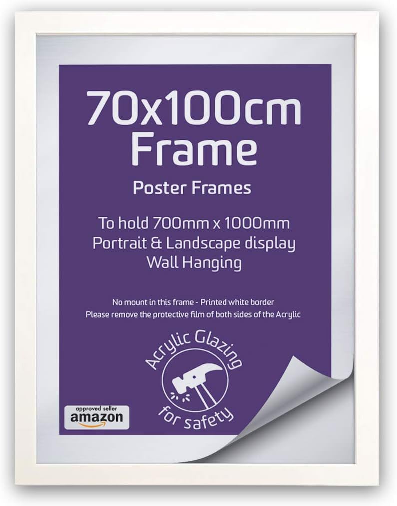 70 x 100cm White Wooden Large Poster Frame (Non Glass Front) Perspex Ready to Hang