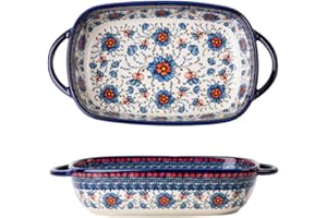 Bicuzat Blue and Orange Flower Vintage Style Ceramic Bakeware Casserole Dish Baking Pan Lasagna Pans with Handles for Oven/Cooking/Kitchen-1 PCS-22 OZ