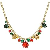 LITRENDY Gold Christmas Jingle Bell Necklace for Women, Colorful Xmas Bow Bell Charms Festive Pendant Necklace for Christmas Party Holiday Jewelry Gift