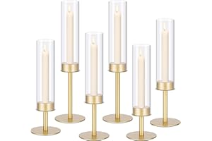 XYLANOR Gold Hurricane Candle Holders, Taper Glass Cover Candlestick, Tall Brass Candle Stick Decor for Table, Centerpiece, Wedding, Dinning, Party on Indoor and Outdoor, Set of 6