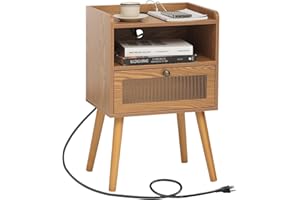 AWASEN Mid Century Nightstand with Charging Station, Modern Bedside Table with Glass Decorative Drawer, Small End Table Side Table with 2 Tiers Storage for Bedroom, Office and Small Space(Brown)
