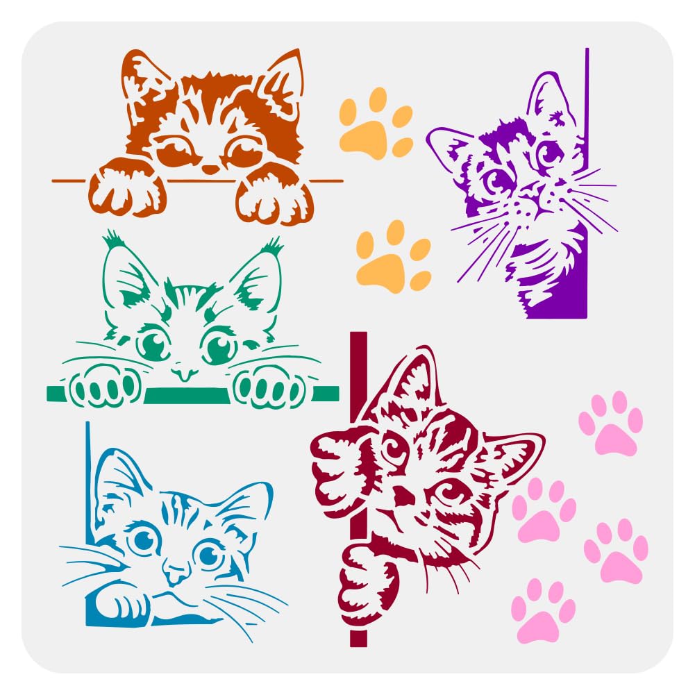 FINGERINSPIRE Peeping Cat Painting Stencil 30x30cm Cat Border Template Hollowed Cute Cats Stencil Large Cat Paw Prints Template Cat Footprint Stencil Animal Theme Template for DIY Crafts