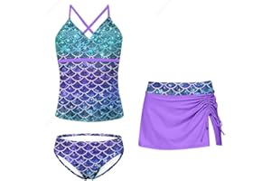 Kimoda Girls Swimsuits 3 Piece Tankini Bathing Suit Set Bikini Swimwear with Cover Ups Beach Skirt 6-12 Years