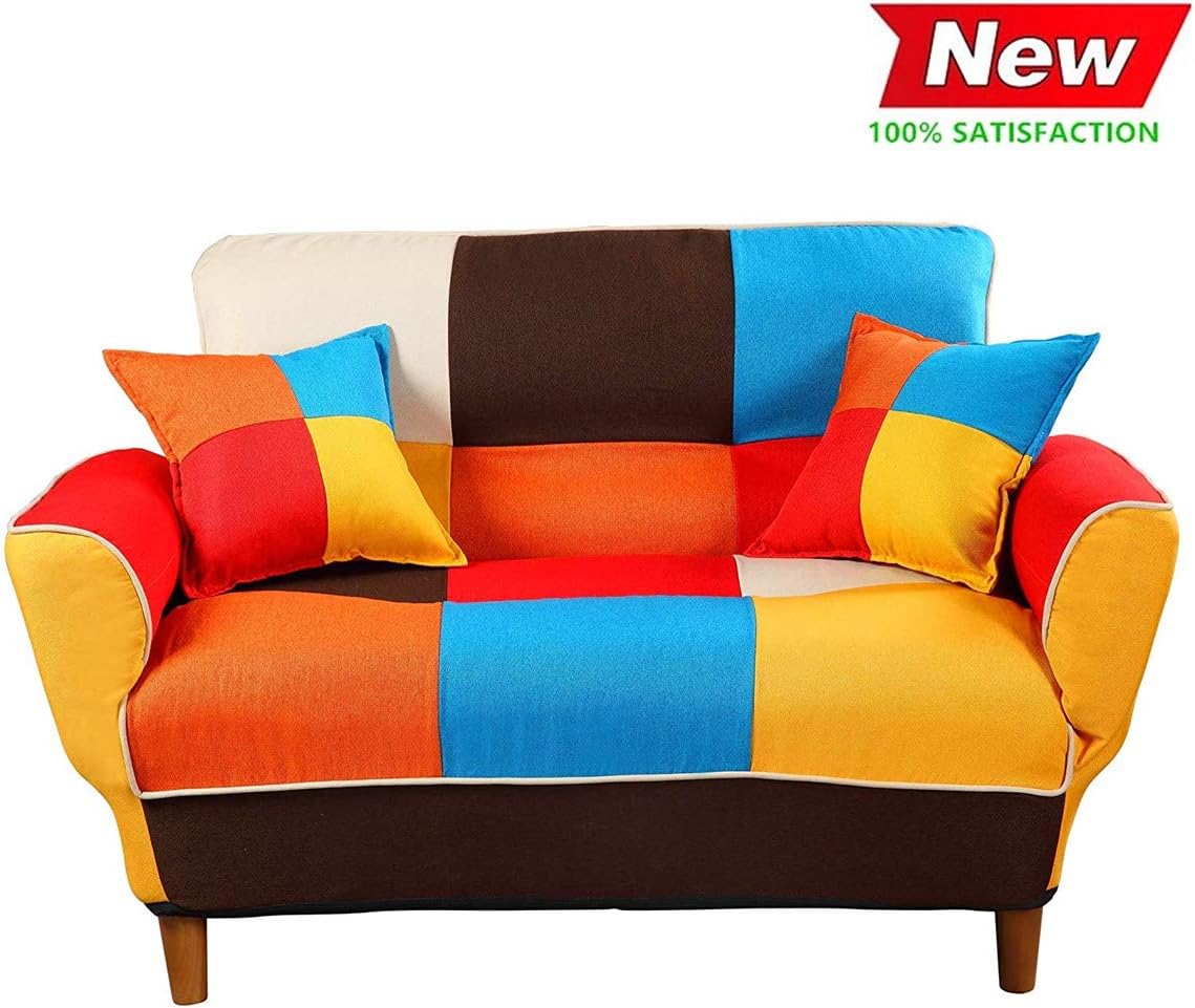 Norcia Splicing Color Sleeper Loveseat with Two Pillows, Convertible Settee Leisure Sofa with Tapered Legs for Living Room, Bedroom