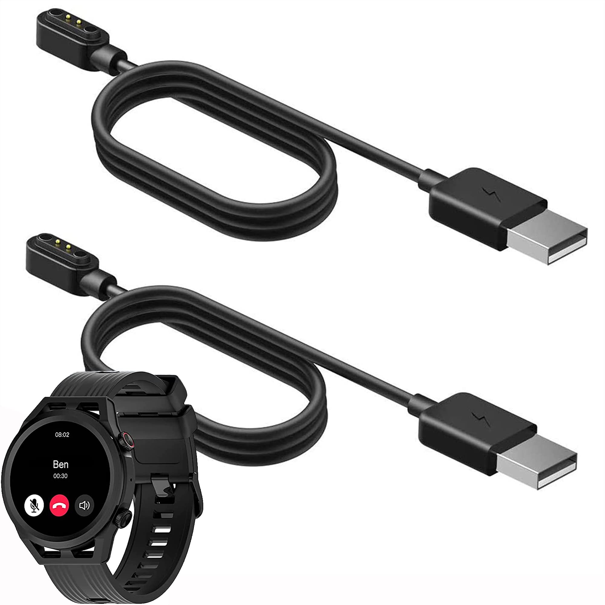 Compatible for IOWODO R8Pro Smart Watch 1.39" Charger, 2 Pin Magnetic USB Replacement Charging Compatible with IOWODO Round Smart Watch R8Pro for Men Women 2023 Newest (2 pack-Black+Black)