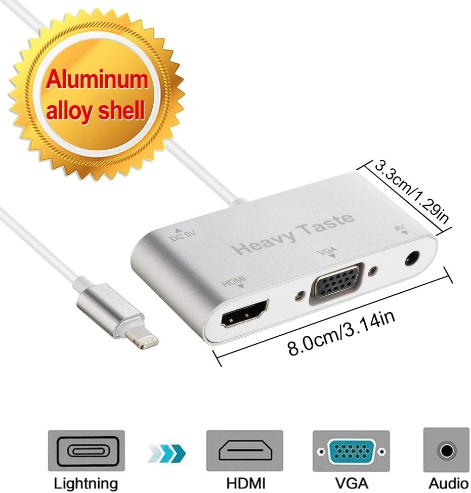 Lightning to HDMI VGA AV Adapter, 4 IN 1 Plug and Play HDMI
