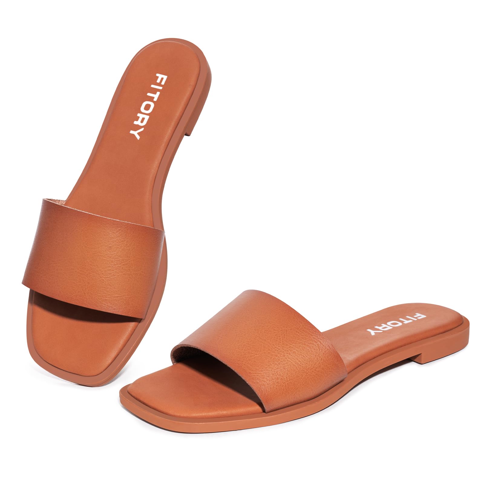 Photo 1 of FITORY Women's Slide Sandals Fashion Square Open Toe with Cushioned Footbed Slippers for Beach Size 7 All Brown