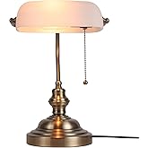 Newrays Glass Bankers Desk Lamp with Pull Chain Switch Plug in Fixture,Satin Brass Finish (White)