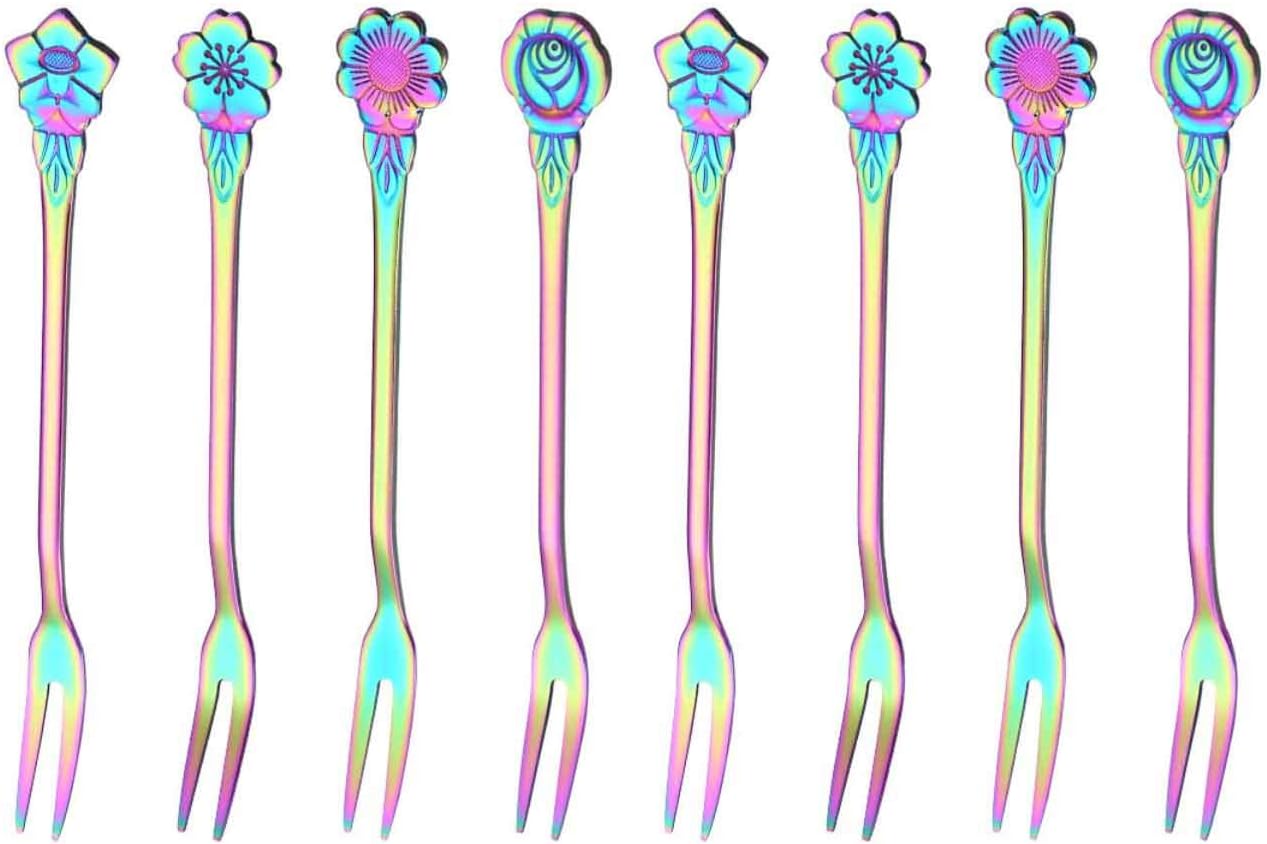 YYC 8Pcs Flower Stainless Steel Fruit Forks Dessert Cake Forks Salad Cocktail Fork Two Prong Dinner Fork (Rainbow)
