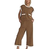 Faleave Women's 2 Piece Summer Lounge Set Outfit Short Sleeve Pullover Tops Wide Leg Long Pants Tracksuit(Brown-S)