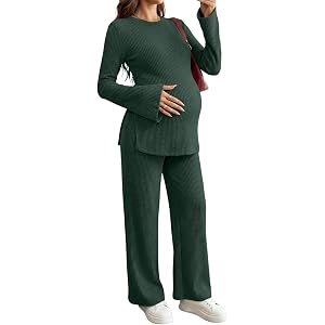 BLENCOT Maternity 2 Piece Outfits Ribbed Knit Long Sleeve Sets | Casual Comfy Lounge Pajamas, Side Slit Matching Set Pregnanc