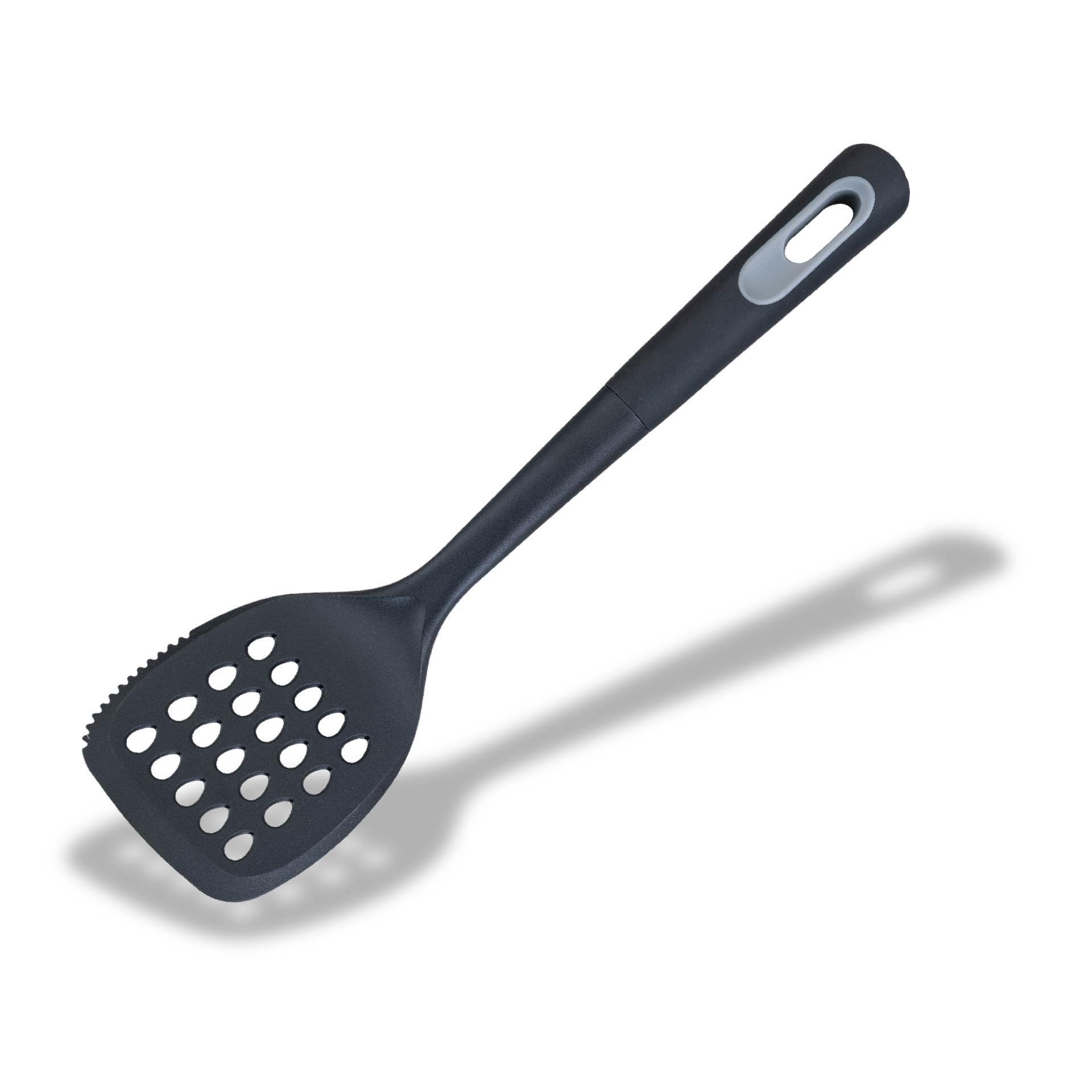 Fackelmann PRO Slotted Turner, Plastic, Fish Slice, Non-Stick Kitchen Cooking Spatula, Anti-Scratch, Burger Flipper, Heat-Resistant, Cooking Draining & Frying BBQ Utensil, 34 cm, Black & Grey