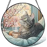 Stained Glass Window Hanging, Gray Tabby Cat with Coffee Sun Catchers Indoor Window, Core Decor Inside and Outside The Cottage,Gifts for Women -363