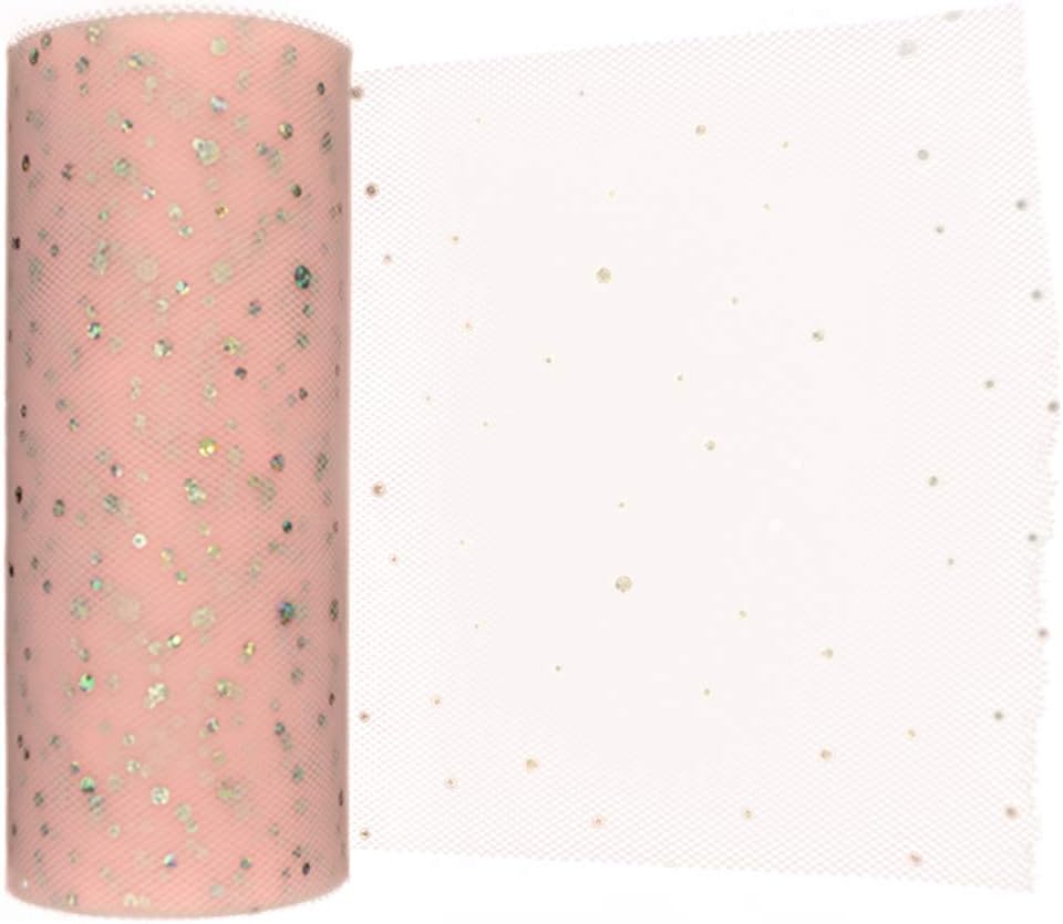 Tulle Fabric Glitter Pink Tulle Rolls Bolt Spool for Wedding Party Decorations, Gift Wrapping Tulle Ribbon, Girls Tutus Dresses and Tutu Table Skirt - Glitter Light Pink, 6" x 25 Yards