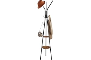 HOMEFORT Coat Rack, Coat Hanger Stand with 2 Shelves, Freestanding Hall Tree, Metal Hat Hanger with 12 Hooks for Clothes Hats and Scarves, Black and Rustic Brown,15.7" Wx15.7 Dx72.8H