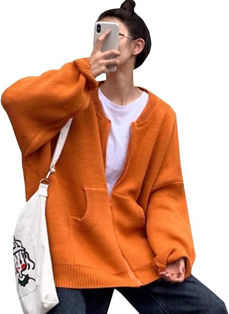 Amazon Bscool カーディガン レディース 長袖 ニット ゆったり 無地 パーカー セーター ジップアップ 丸首 ニットカーディガン ファスナー カジュアル アウター 秋 冬 オレンジ カーディガン ボレロ 通販