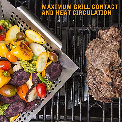 Ranphykx Vegetable Grill Basket - Safe/Clean Porcelain Enameled BBQ Grilling Basket (Large 12"x12"x3") for Veggies, Kabobs, Seafood, Meats - Stainless Steel - Thumbnail 3