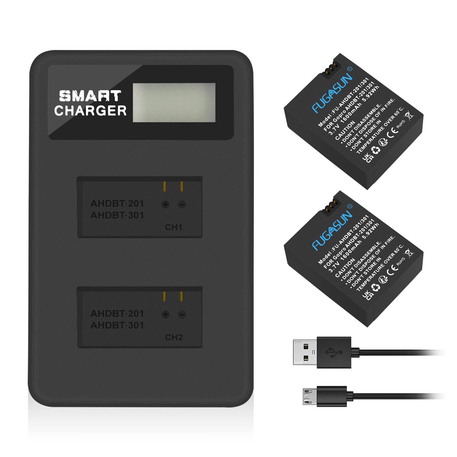 FUGASUN 2 pcs 1600mAh AHDBT-201 AHDBT 201 AHDBT-301 AHDBT 301 Battery with Dual Battery Charger for Gopro Hero 3 3+ AHDBT-301, AHDBT-201 battery