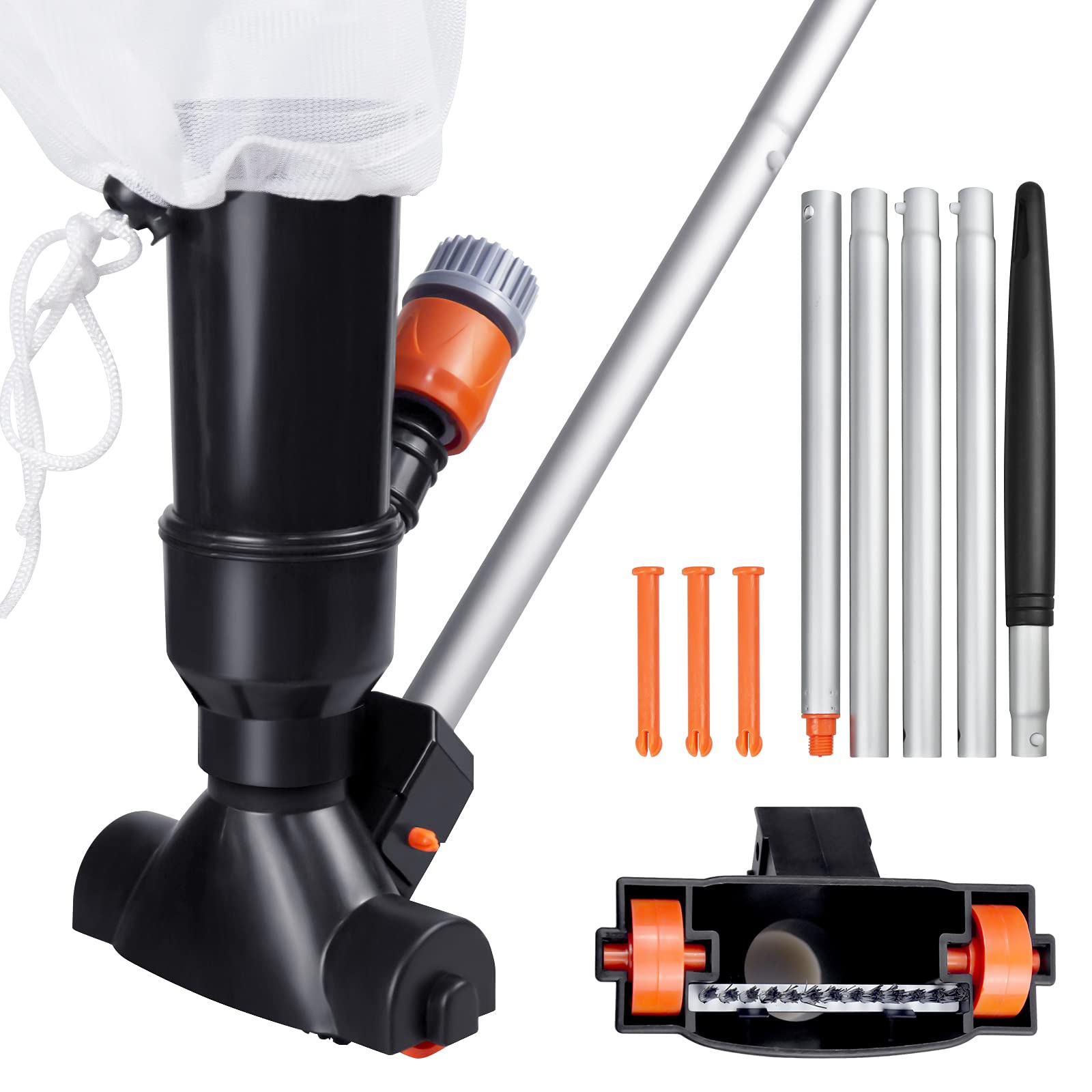 Portable Swimming Pool Jet Vacuum Cleaner Underwater with 5 Section Pole and Mesh Bag, Pool Mini Jet Vacuum Suction Head for Above Ground Pool Spas Hot Tub Ponds &amp; Fountains - Attaches to Garden Hose